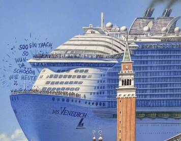 Gemälde von: GERHARD HADERER: Venedig-Touristen, Zeichnung auf Acryltusche, 29 x 22 cm