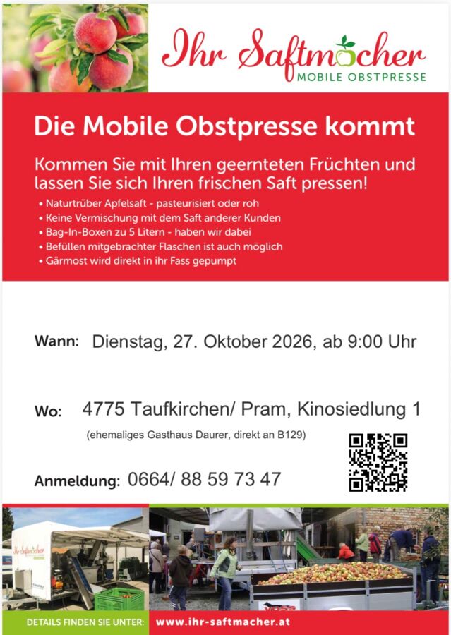 Mobile Saftpresse kommt nach Taufkirchen/Pram (Bezirk Schärding)