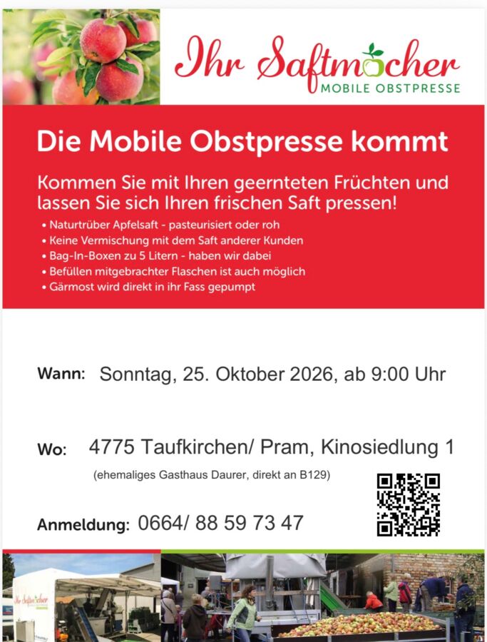 Mobile Obstpresse kommt nach Taufkirchen/Pram (Bezirk Schärding)