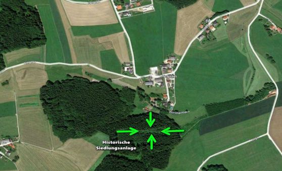 Historische Siedlungsanlage im Wald südlich von Flörlplain, Lengau